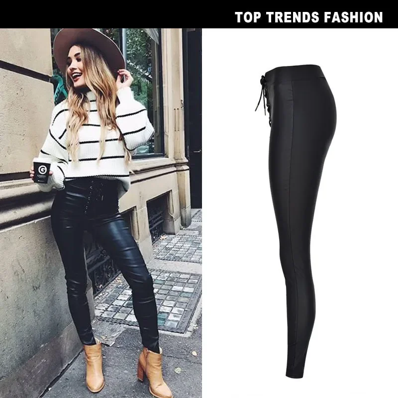 Women's Pant High Waisted Slim Fit Elastic Metal Perforated Straps Elastic Waist PU Faux Leather Denim Leggings Womens Pants