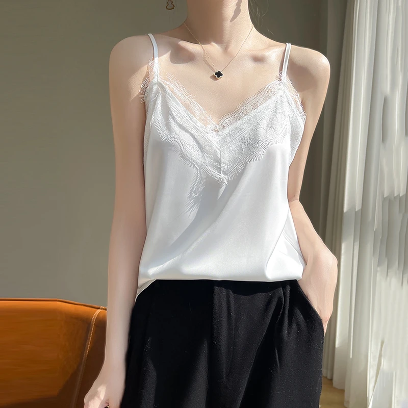 Backless vest for women, summer style, with delicate eyelash lace, V-neck, chiffon fabric, loose-fitting, as a base layer shirt