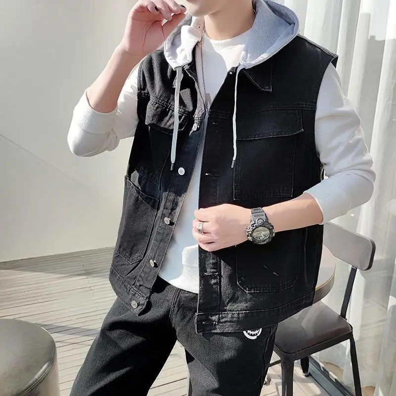 2026 Spring New Men's Detachable Hooded Denim Vest Loose Plus Size Fashion Sleeveless Jacket Outerwear