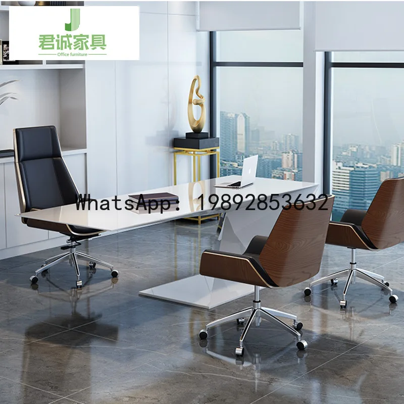 XL Modern Boss Office Desk Manager Desk and Chair Set White Lacquer Female Executive Desk