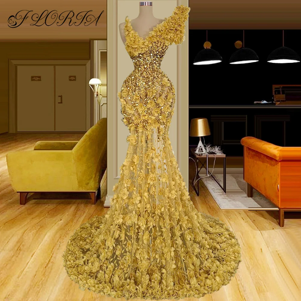 

Floria Yellow Long Formal Party Dresses Romantic Beading Flowers Appliques Tired Evening Gown Dubai Robes De Soiree Custom Made