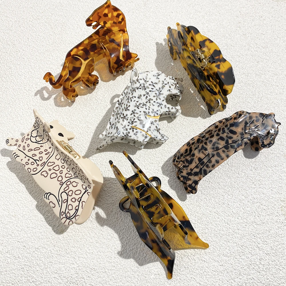 AENSOA Niche Design Leopard Print Tiger Grab Cartoon Hairpin Women Personality Wildlife Acetic Acid Clip Back Of Head Shark Clip