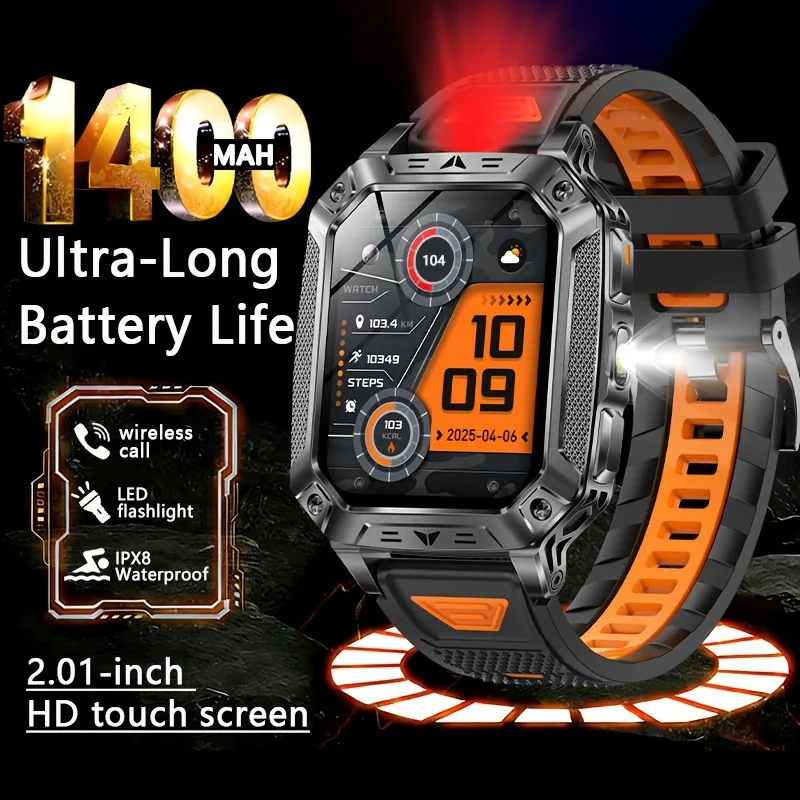 

Новые прочные военные смарт-часы для мужчин 2026 года, аккумулятор 1400 мАч, водонепроницаемость 5 АТМ, светодиодный фонарик + красный SOS-сигнал, спортивные смарт-часы с функцией звонков