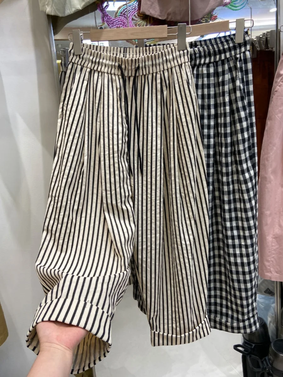 고급 여성용 스트라이프 하란 팬츠 여름 루즈 스트레이트 레그 와이드 레그 팬츠 소형 사이즈 나인 포인트 올드 대드 팬츠