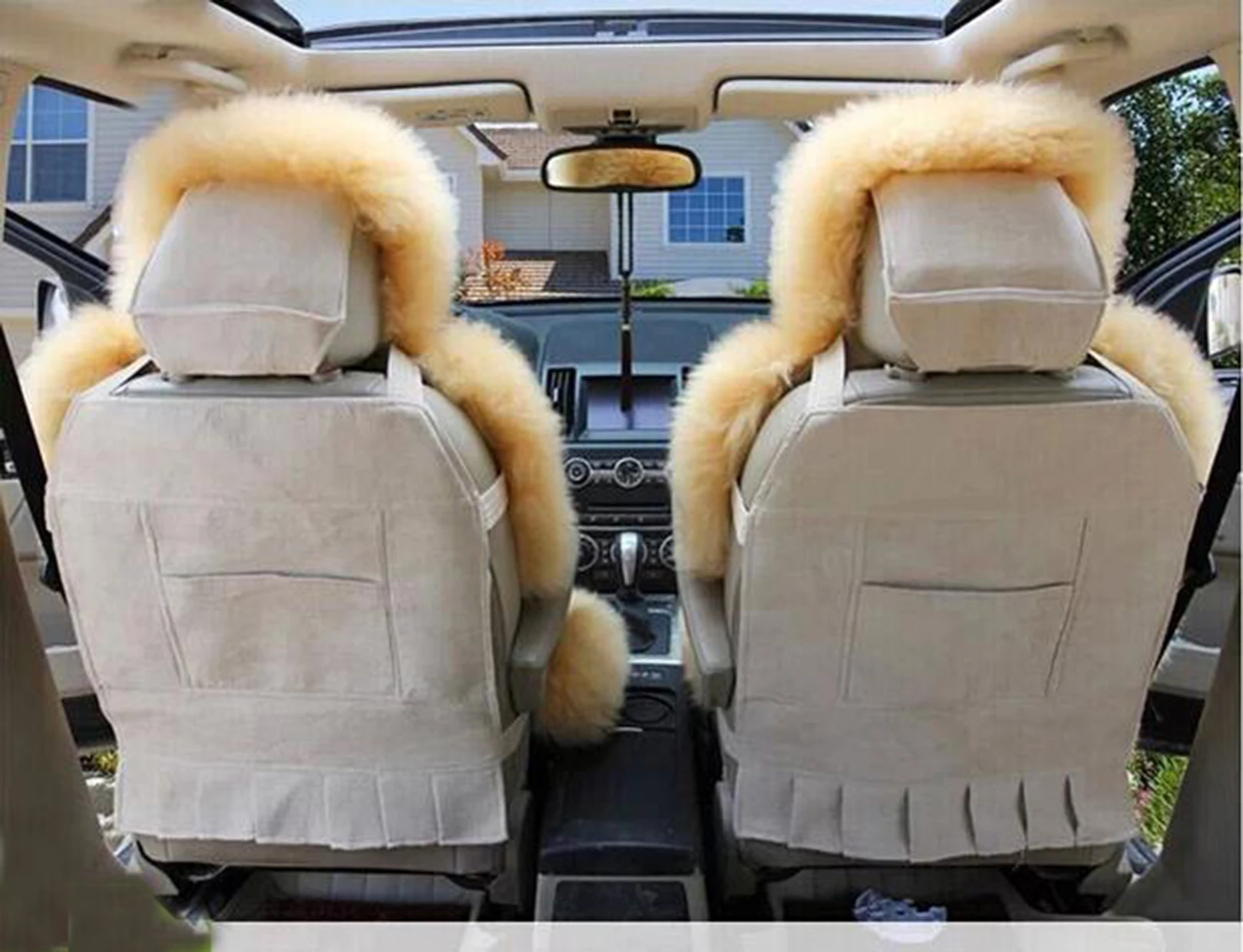 3pcs 100% Sheepskin Car Seat Covers Full Set Unviersal Genuine Fur Car Seat Cover Long Wool Auto Cushion Christmas