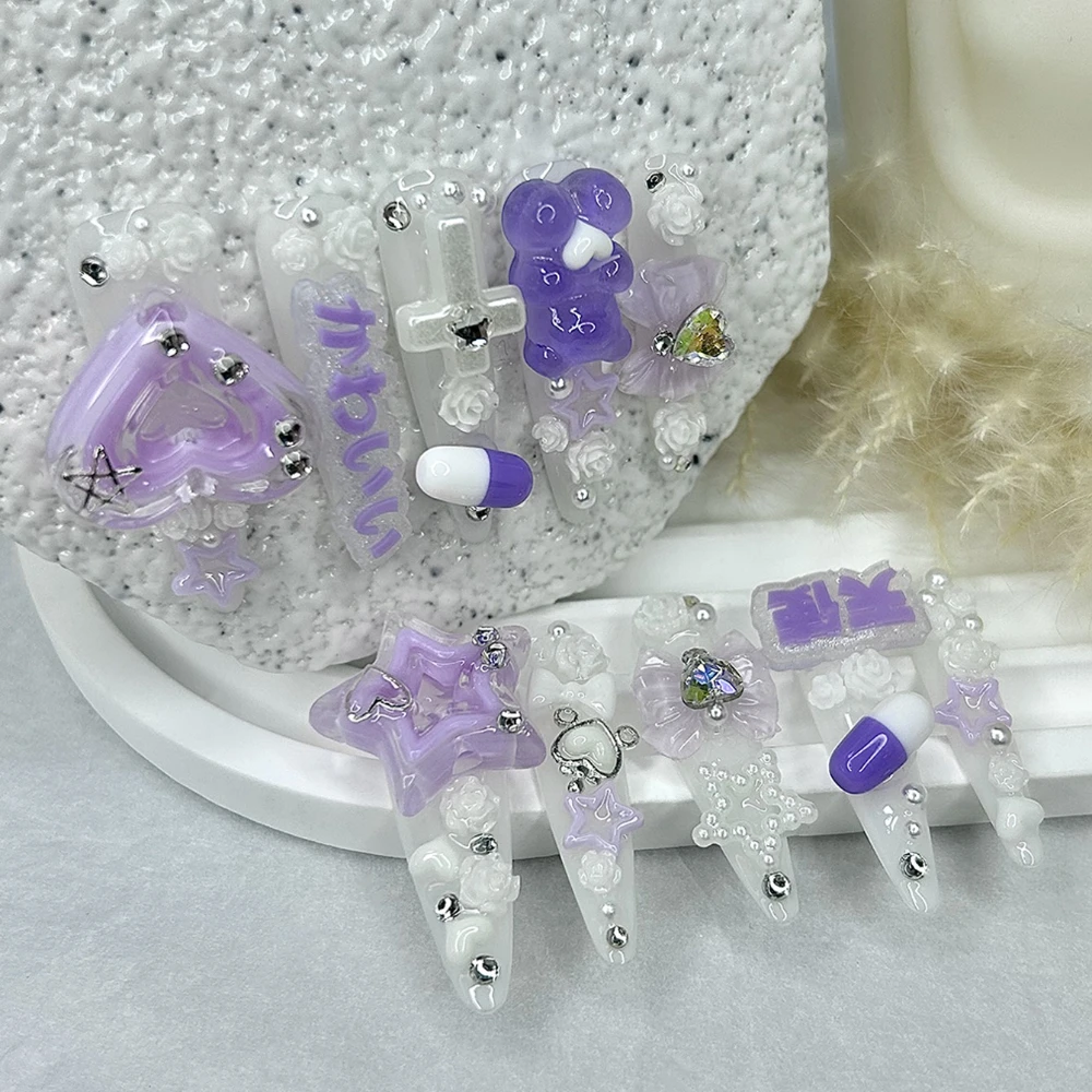 10 قطع Kawaii Y2K لطيف الدب اليدوية الصحافة على الأظافر الأرجواني ثلاثية الأبعاد ستار القلب القوس ارتفع الأظافر وهمية للإزالة قابلة لإعادة الاستخدام