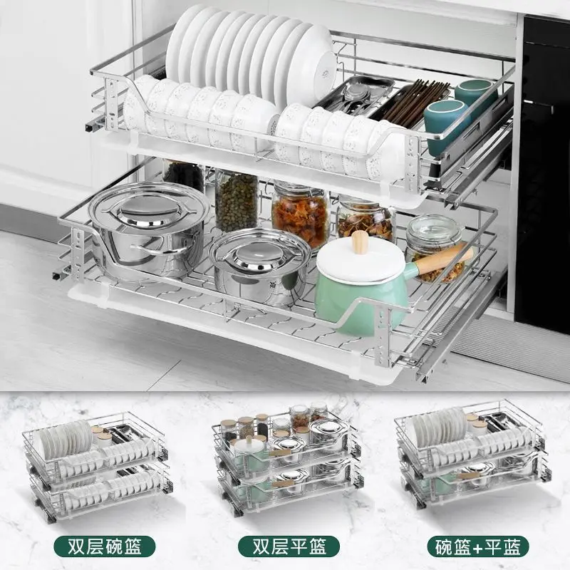 

Kitchen basket cabinet 304 stainless steel double drawer type basket rack storage seasoning basket pull type dish rack