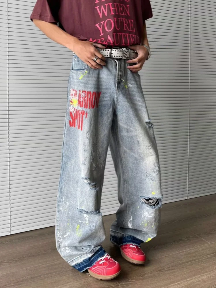 

Trashy Y2K 2000S Streetwear Letters Embroidery Baggy Ripped Jeans Pants For Men Clothing Vintage Blue Wide Leg Denim Trousers