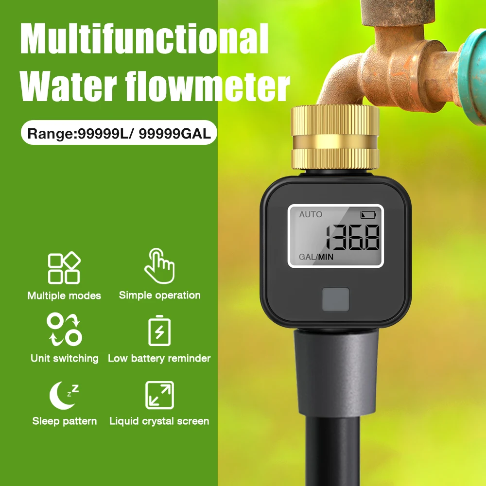 Digital Water Flow Meter High Accuracy IP5X Measure Water Consumption and Flow Rate for Outdoor Garden Watering Irrigation Hose