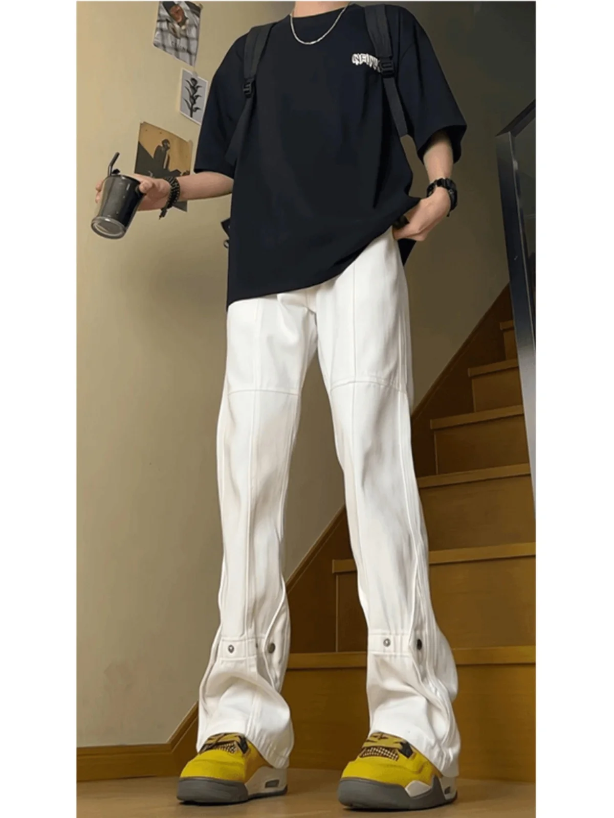 

American High Street Fce Lined Slimming White Jeans Straight Leg Loose Casual Trousers for Men And Women