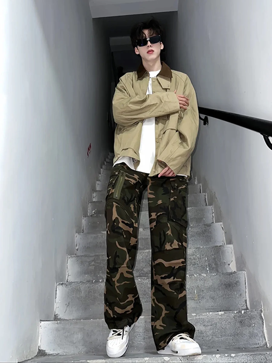 

Американские ретро-брюки в камуфляжном стиле для мужчин, осенне-зимние, свободного кроя, прямые, с множеством карманов, на высокой талии, на молнии, повседневные брюки.