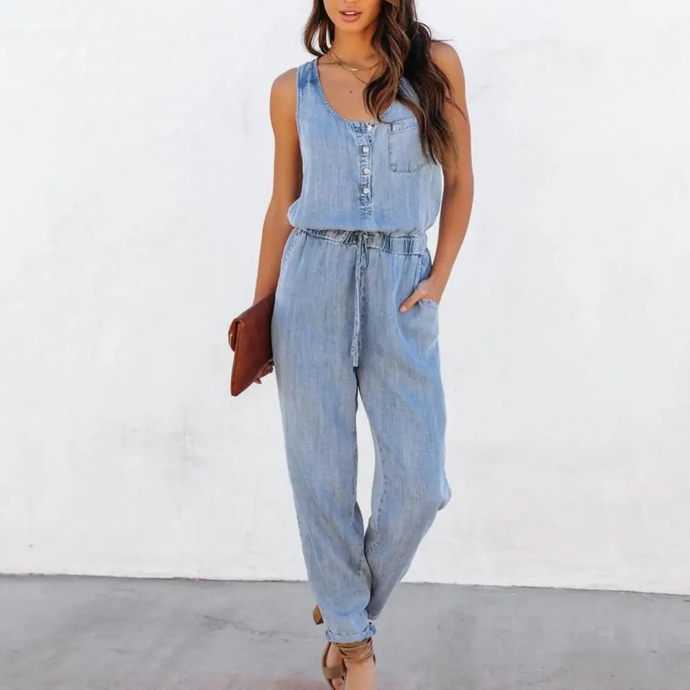 

Fashion Casual Denim Jumpsuit Women Summer Sleeveless Tank Pockets Jumpsuit Tight Waist Lady Overall Streetwear Denim Romper