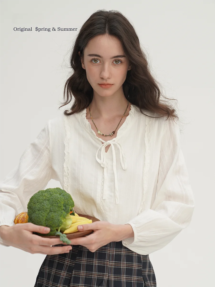 

Mouti Pure Cotton Long Sve irt Women's Autumn Gentle Aosphere Small irt French Sle Loose Fit Breathable Skin-Friendly