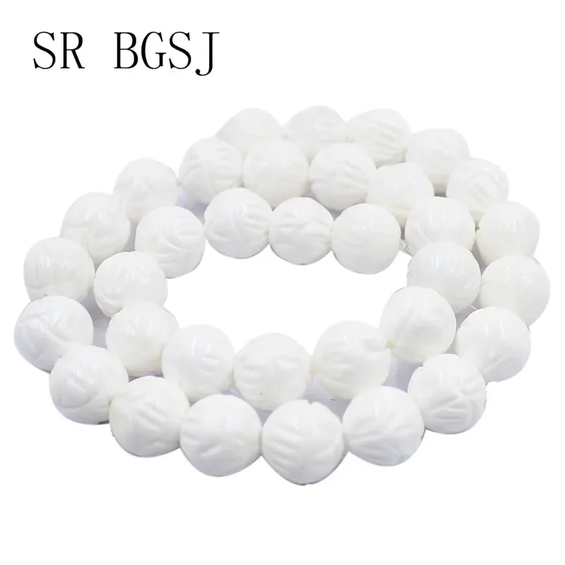 6 8 10 12mm  Lotus Carved White Flower Shell Gems Genuine Natural Round Design Beads Strand 15
