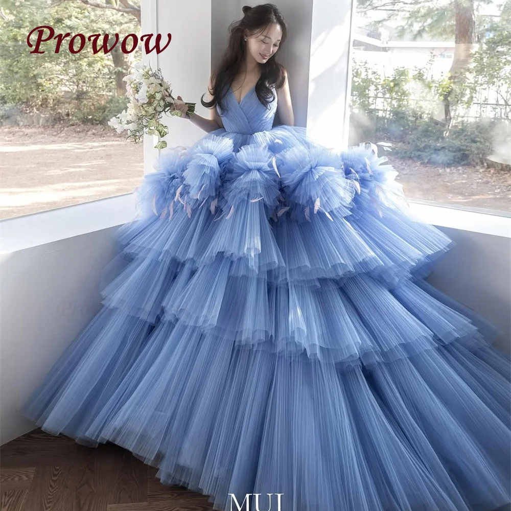 

Prowow Luxury Blue Princess Ball Gown Wedding Photo Shoot Gown Layered Draped Tulle A Line Formal Evening Dress Customized 신상원피스