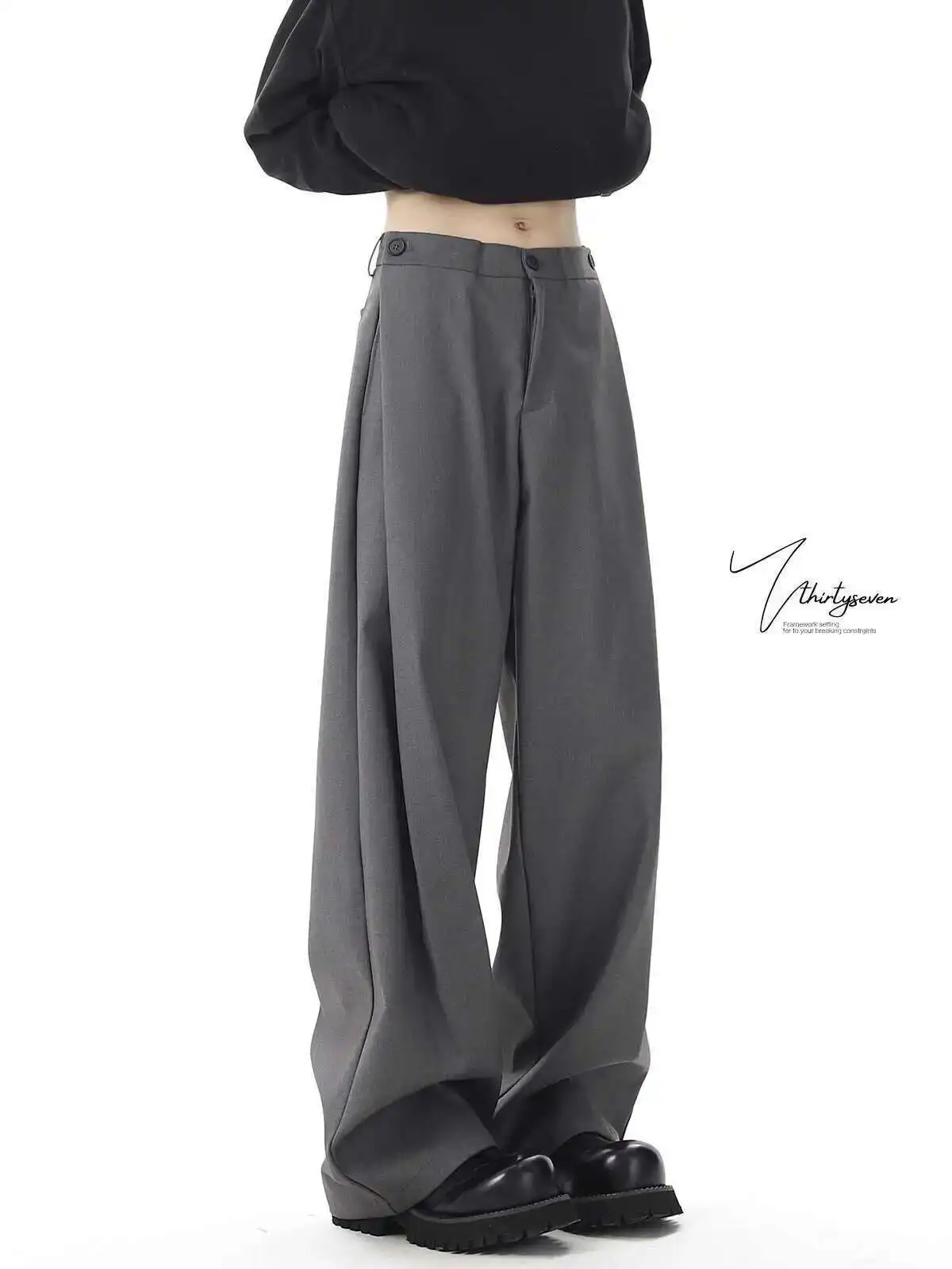 High Waist Gray High-end Suit Pants For Men's Summer Fashion Suit Pants Loose Straight Leg Wide Leg Hanging Casual Pants