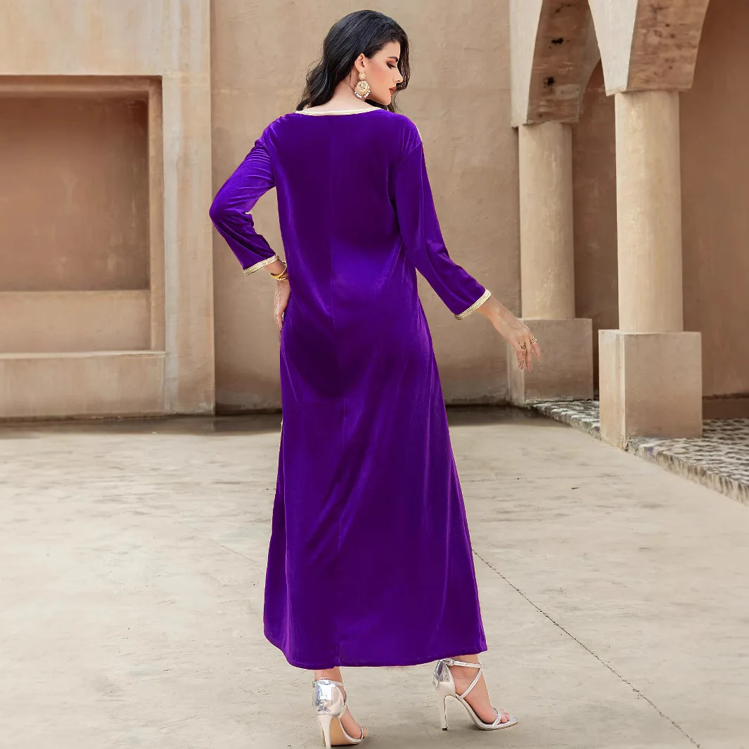 Ba5164 Velluto viola Cigno Velluto cucito a mano Strass Patchwork Nastro dorato Abito lungo Abito toast Abito formale Elegante