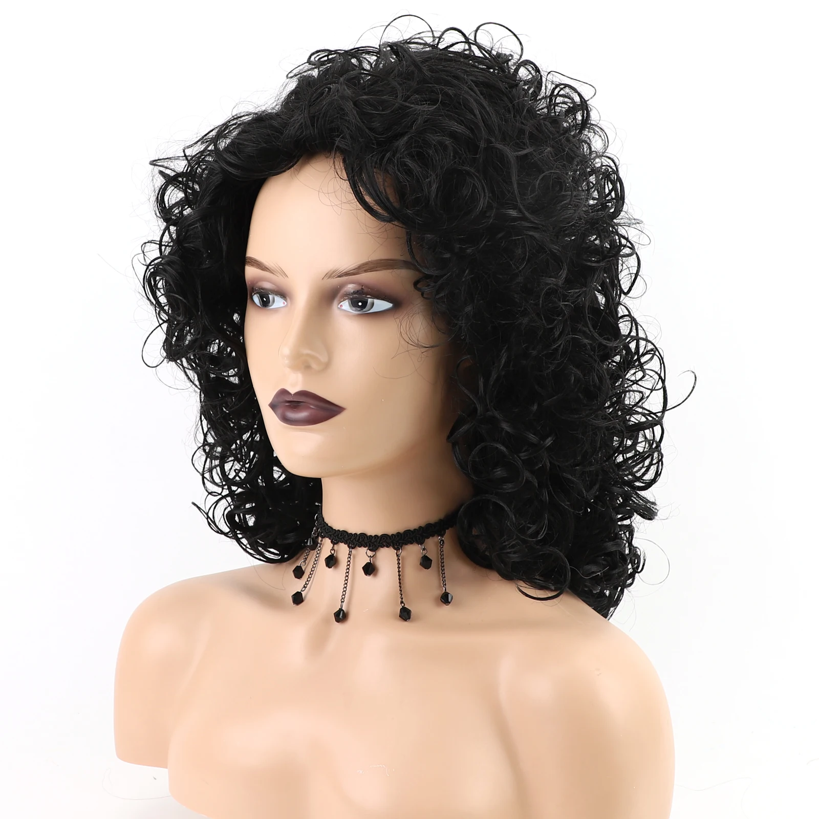 Short Afro Curly Wig For Women Synthetic Fluffy Shoulder Length Loose Wave Hair With Natural Looking Black 16''