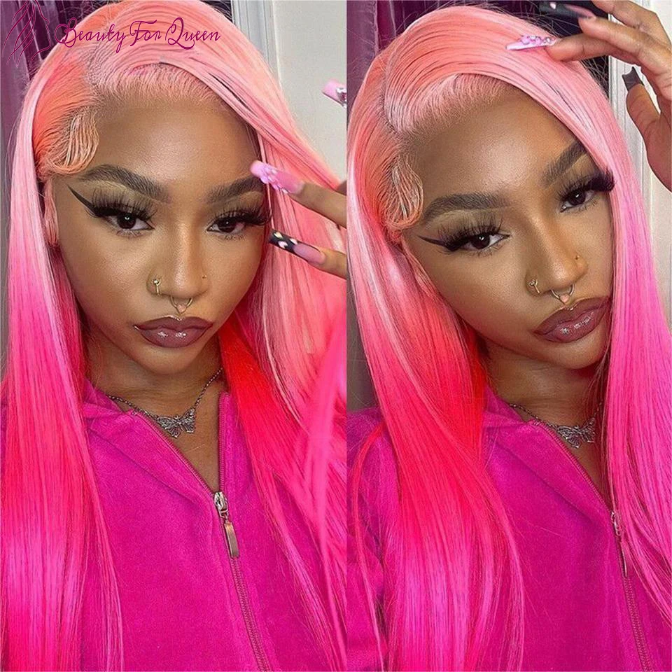 

13x4 HD Human Hair Lace Frontal Wig For Women Glueless Wig Human Hair Pre-Plucked Ombre Pink Colored Lace Front Human Hair Wigs