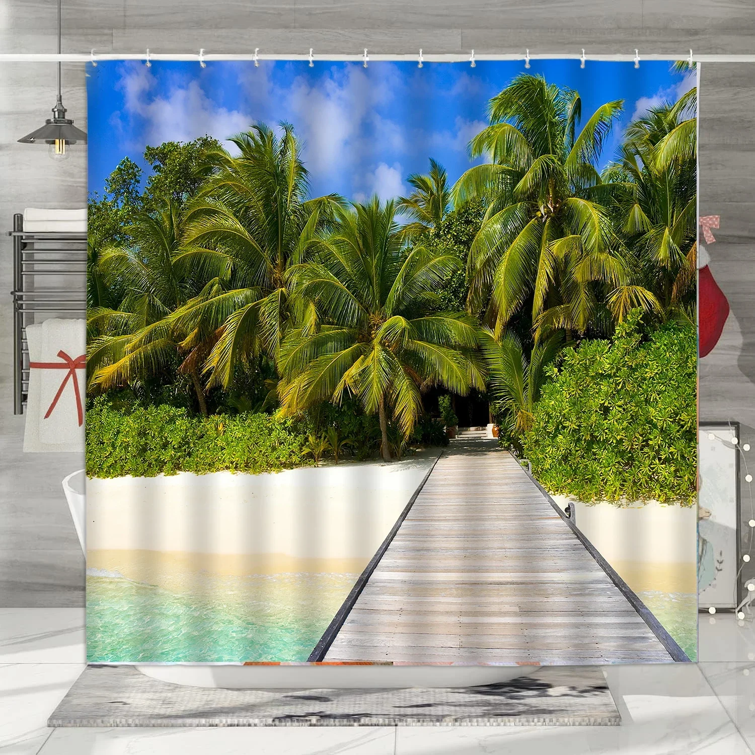 Seaside Scenery Shower Curtain, Ocean Beach Starfish Seashells Sand Dunes Palm Leaves Nature Scenery Bathroom Decorative