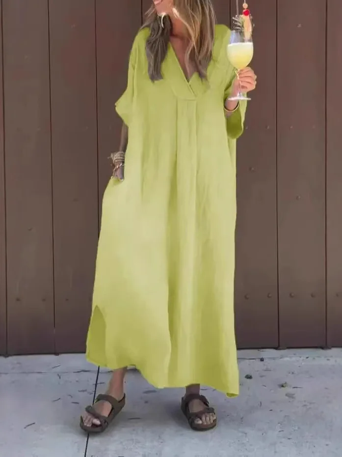 Luźna, długa spódnica damska z dekoltem w serek, wykonana z mieszanki bawełny i poliestru, idealna na lato, o kroju litery A.