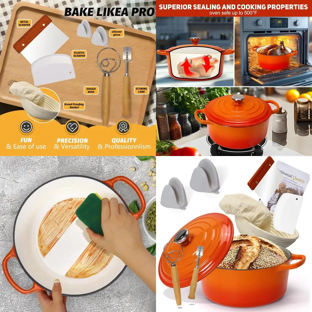 

Orange Enamel Cast Iron Bread Oven with Proofing Basket for Baking, Heavy-Duty Cookware for Braising, Stews, Roasting, Bread Mak