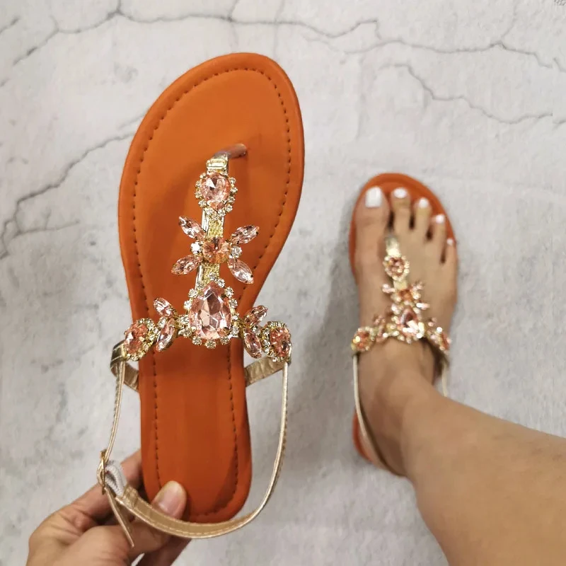 2024 Trendy Summer Women\'s Shoes Large Size Beautiful Crystal Shiny Flat with Female Sandals Bohemia Back Strap Footwear