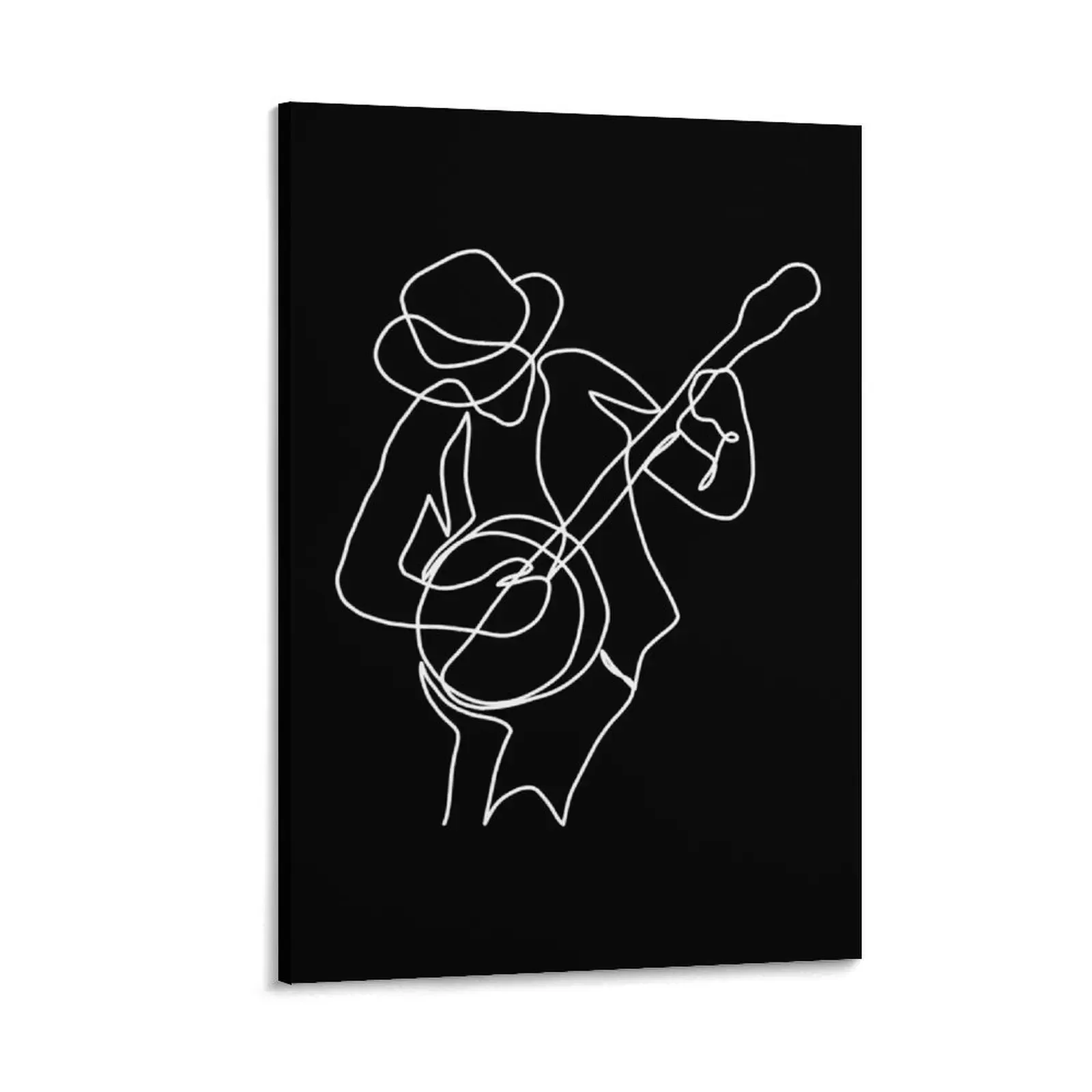 

One Line Art - Single Continuous Line Drawing of a Musician Playing Banjo Guitar Canvas Painting