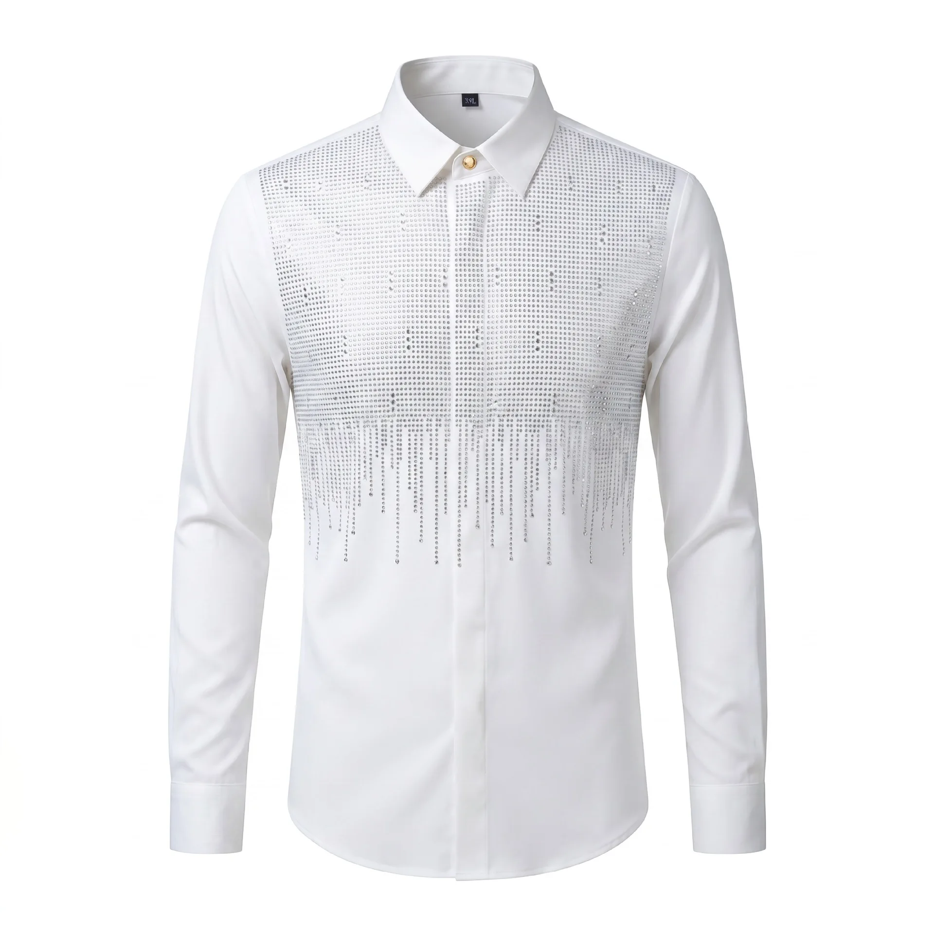 Tassel Rhinestone Shirt for Men Long Sleeve Slim Casual Business Formal Dress Shirt Party Banquet Stage Performance Costumes