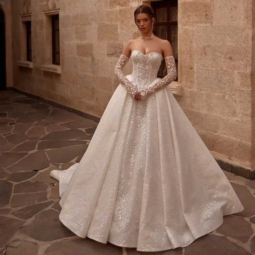 Customized Glitter Silver Crystal Appliques Wedding Dress Detachable Sleeve Sweetheart Neck Bridal Gown A-line Bridal Gown