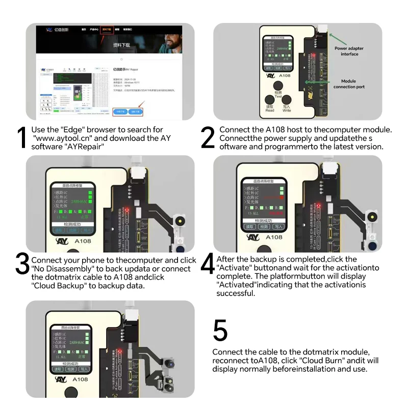 AY A108 BOX Dot Matrix True Tone Battery Programmer for iPhone X-16PROMAX FACE ID قراءة الكتابة Dot Face ID Repair Flex