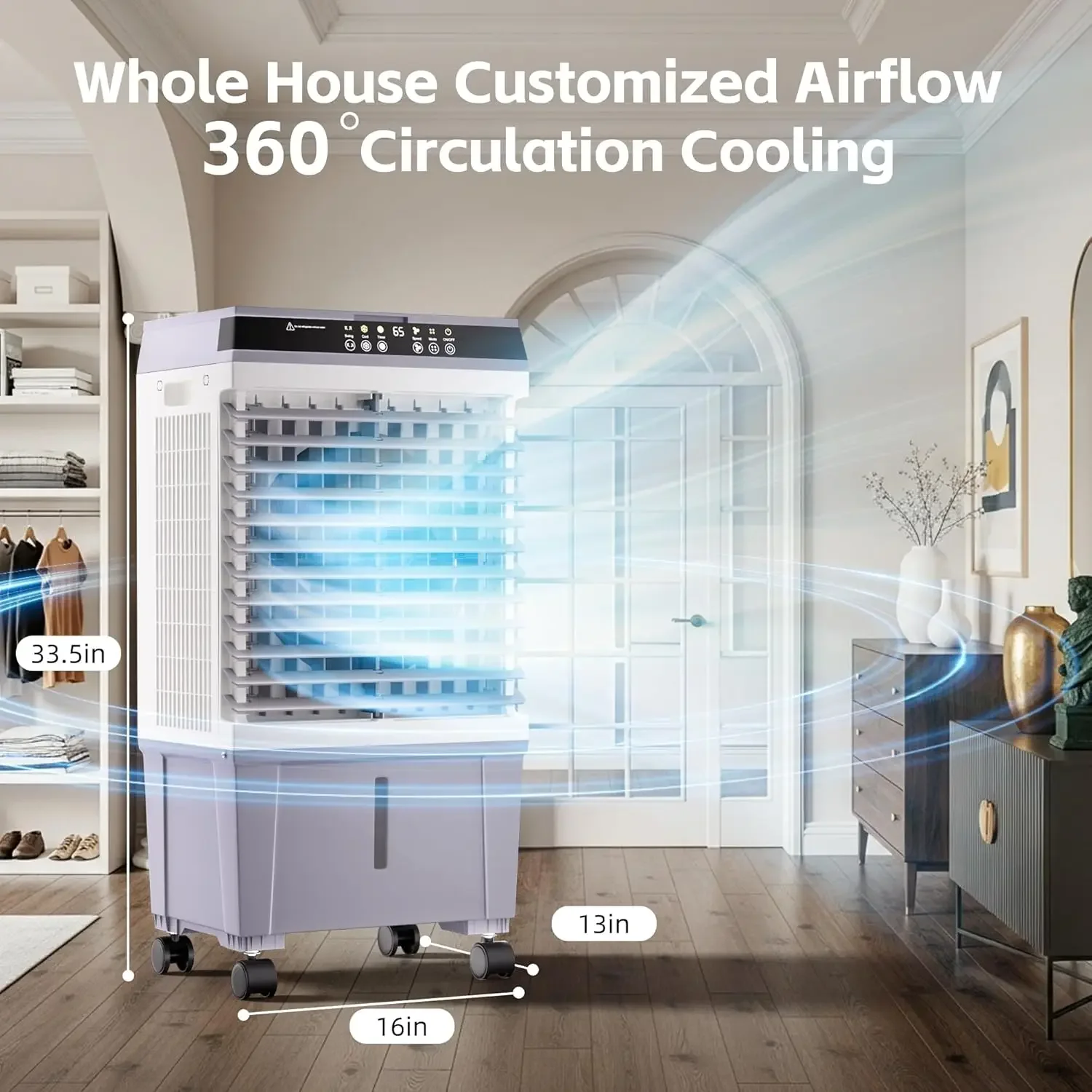 Refrigerador de ar evaporativo 3 em 1 com novo motor de cobre atualizado de 2025, tanque de água de 5,3 galões, 4 embalagens de gelo, temporizador 12H