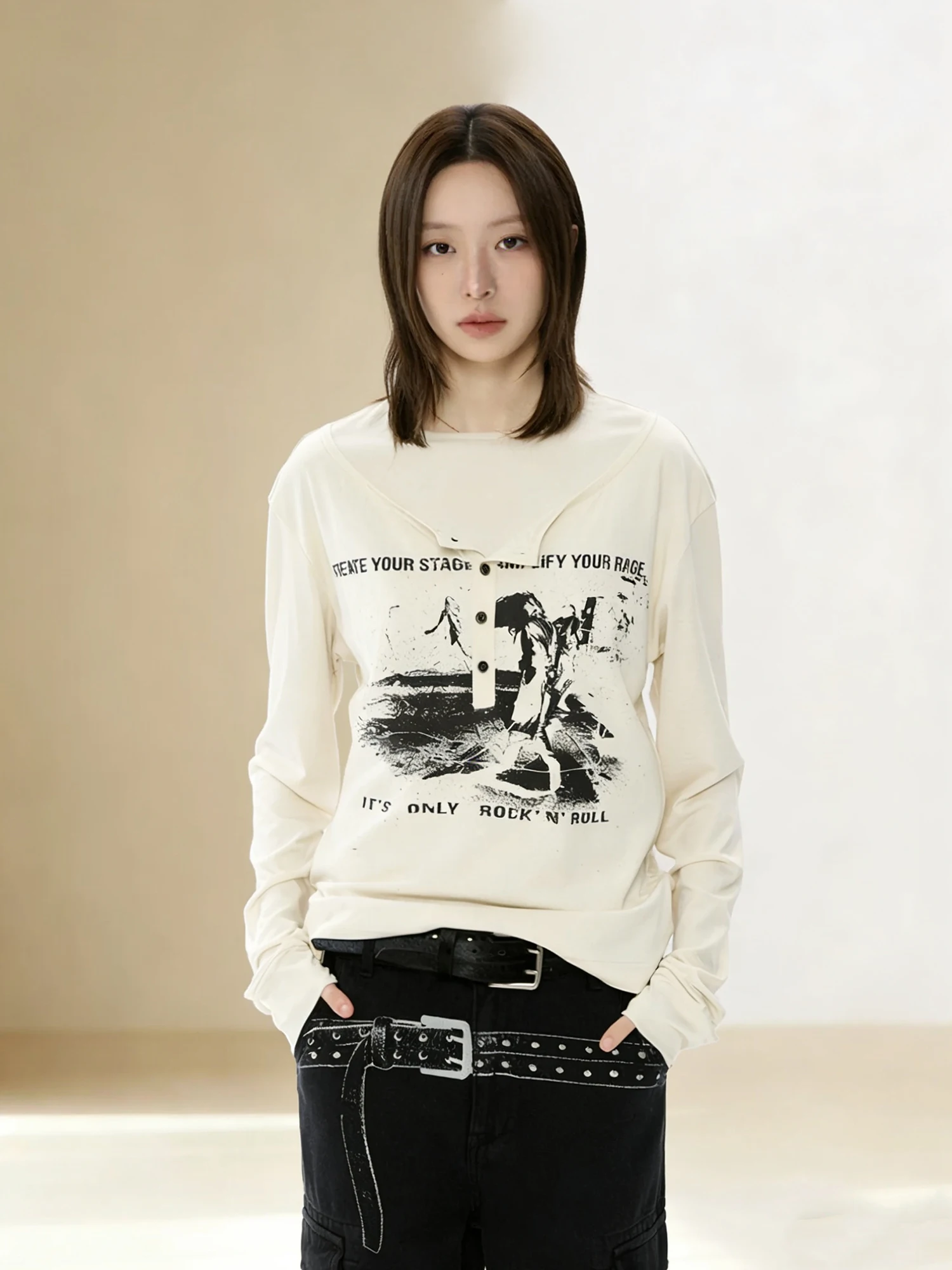Retro American Style Long Sleeve T-Shirt Men Slim Fit Shoulder Print Fake Two-Piece Design Casual Comfortable Top Shirt