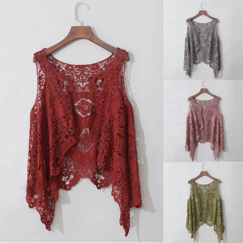 Women Sleeveless Open Front Cardigan Boho Hollow Out Crochet Lace Drape Asymmetrical Hem Hippie Shawl Solid Color Vest