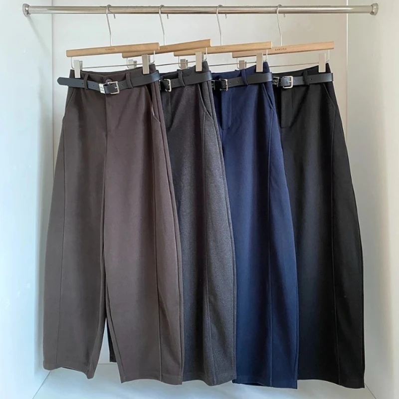 

Корейская версия, модные простые универсальные брюки с изогнутыми ножками, женские осенне-зимние 2021, новые утягивающие широкие брюки с высокой талией