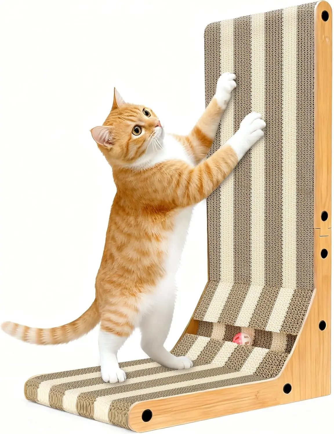 

Striped Cat Scratcher, 23.7" H L-Shaped Wall-Leaning Pad, 3 in 1 Recreational Mode, Extra-Thick Cardboard with Bell Toy