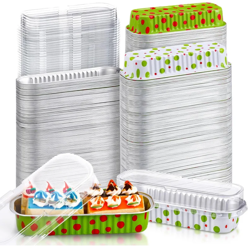 

200 Pcs Christmas Aluminum Foil Mini Loaf Pans with Lids 6.7 oz Christmas Baking Pans Lime Green and Red Disposable