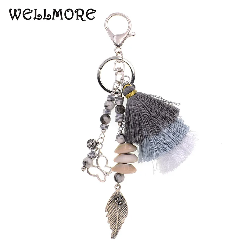 WELLMORE Bohemia Key Chains for women handmade stone beads shell tassels bag key chains fashion women jewelry wholesale