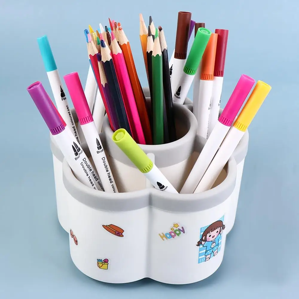 360° Rotating Petal-shaped Pen Holder with Cartoon Sticker White Pencil Organizer Dust-proof Large-capacity Makeup Brush Holder