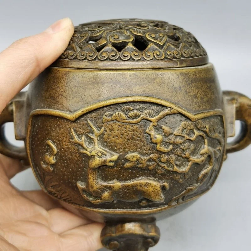 Copper Fu Lu Shou Indoor Incense Burner Antique Xuande Three-Legged Furnace Home Decoration Ornament