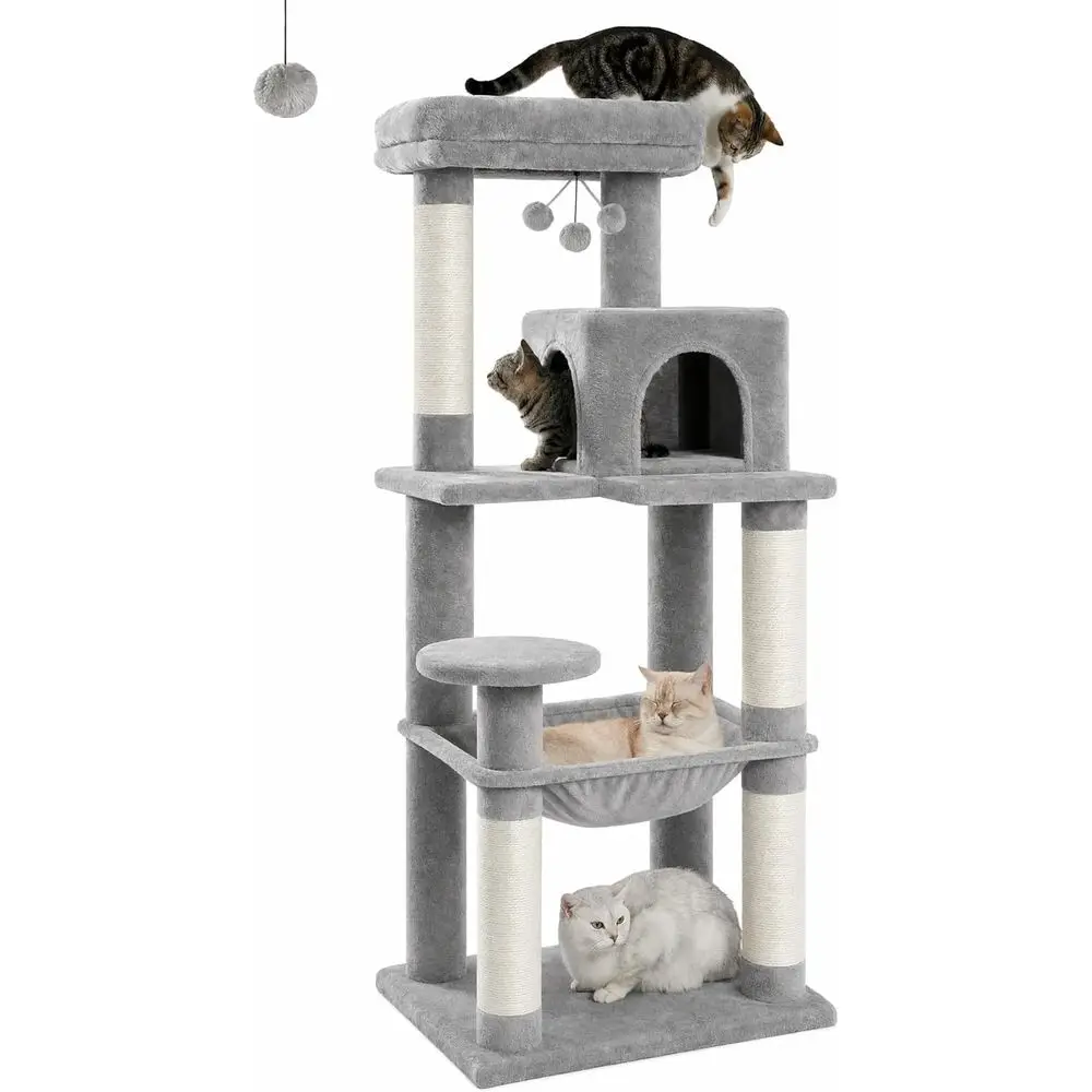 

Large 56.3 Metal Plush Cat Tree with Hammock, Condo, Scratching Posts, and Top Perch, Gray