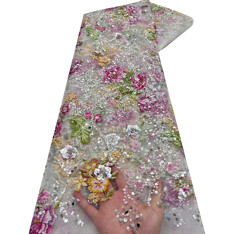 1ヤード-x-125cm-アフリカンレース生地-ビーズチューブ-スパンコール刺繍-メッシュ生地-パーティー-ドレス-diy-ソーイング-スパンコール-ビーズ付きチュールクロス