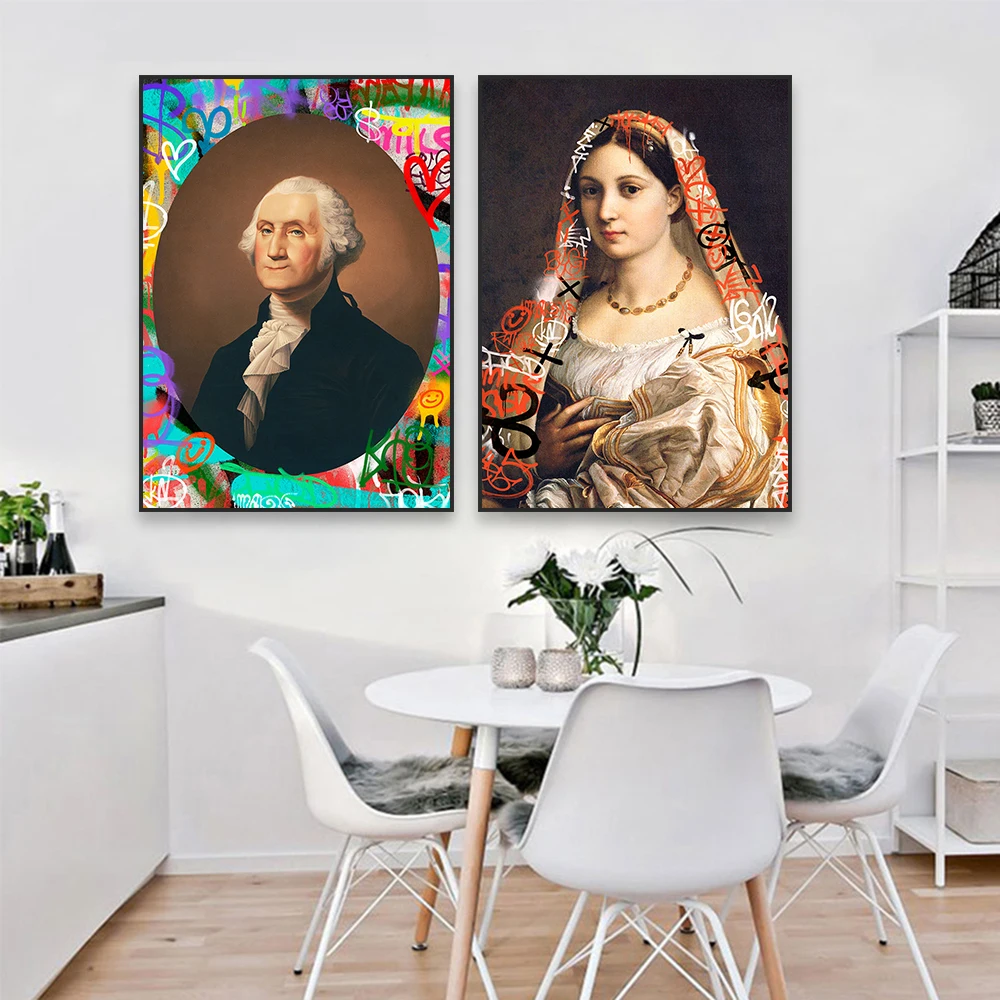 Renaissance Portrait Painting Poster Funny Wall Art Print Graffiti Oil Painting Altered Art Print Canvas Painting Home Decor