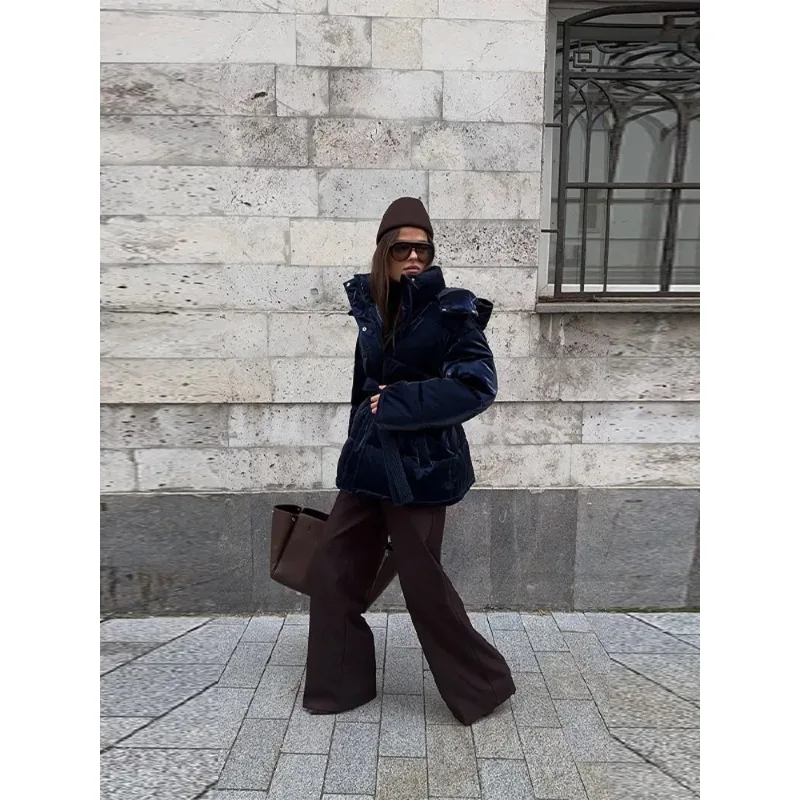 

Winter warm and shiny reflective lace-up waist medium and long down jacket cotton jacket women