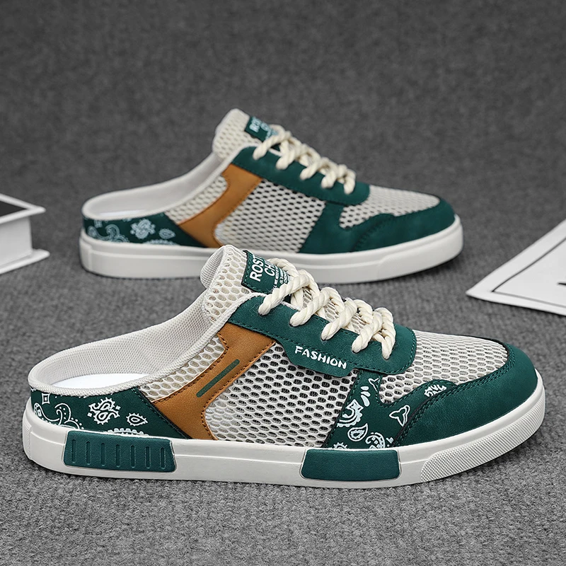 Plus Size 39-47 Mules Men Mesh Half Drag Skate Board Shoes Backless Loafers Slippers Summer Large Hole Hollow Out Slides Sandals