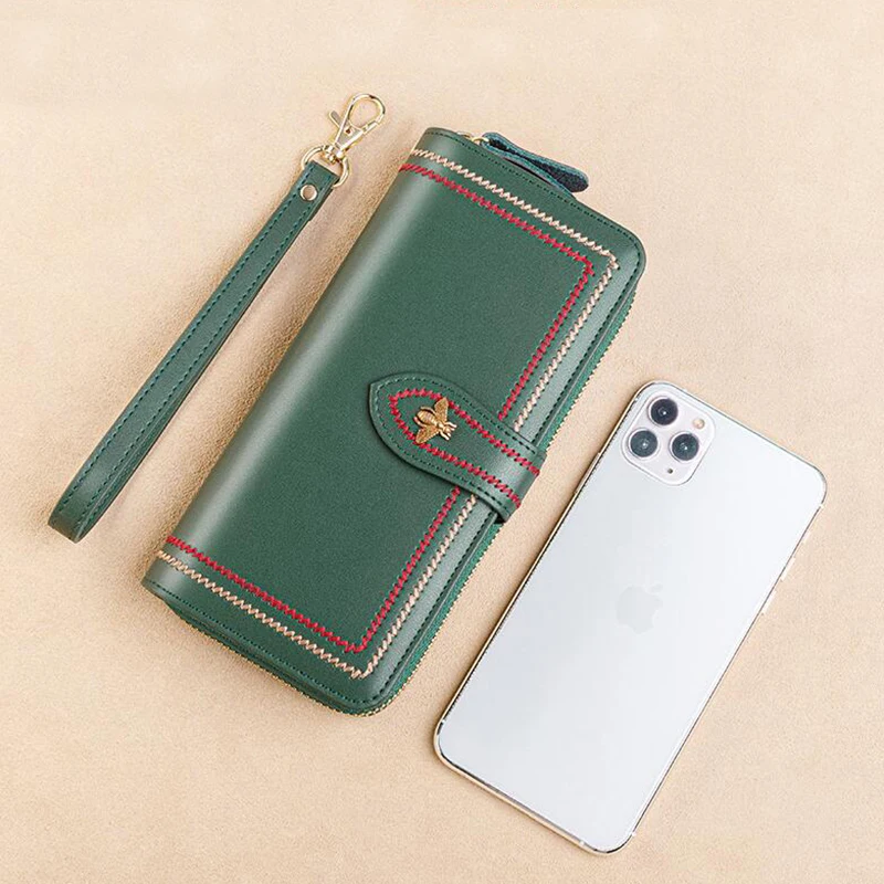 Genuine Leather Wallets Women Clutch Female Purses Long Money Bag Zipper Coin Bee Luxury Brand Wristlet Phone Hasp Card Holder view 3