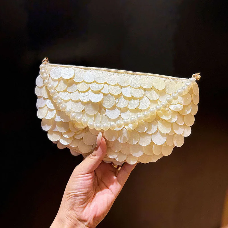 Women Sequins Handbag Pearl Handle Bucket Bag Evening Bag Clutch Purse Designer Rhinestone Clutch Bag Shoulder Bag