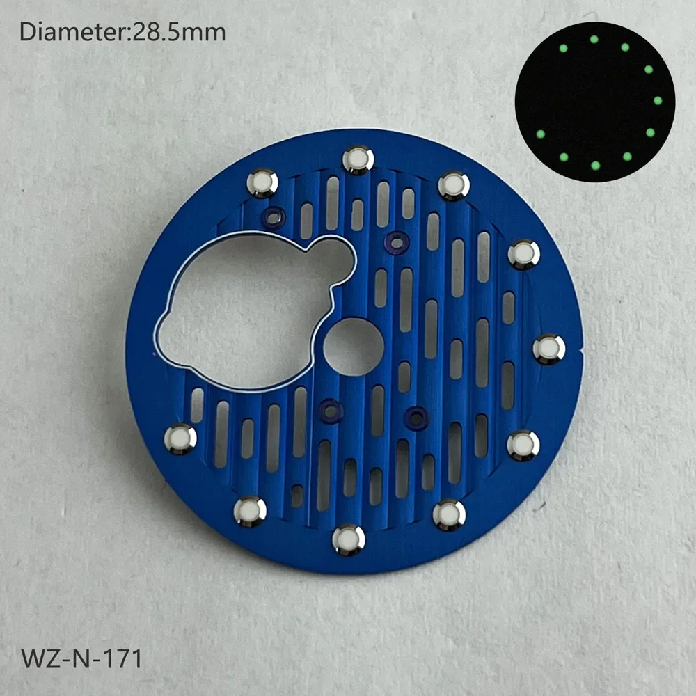 28.5mm NH38 다이얼 그레이 블루 그린 빛나는 스켈레톤 무브먼트 다이얼 일본 NH38/NH70/NH72 자동 무브먼트 로고 사용자 정의 가능
