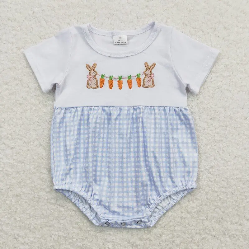 

New rts Easter Boys Romper Wholesale Boutique Embroidered Bunny Carrot Blue Plaid Short Sleeve onesize