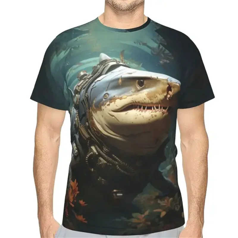 T-shirt imprimé animal à motif de requin pour hommes, vêtements confortables, respirant, col rond, cool, décontracté, séchage rapide